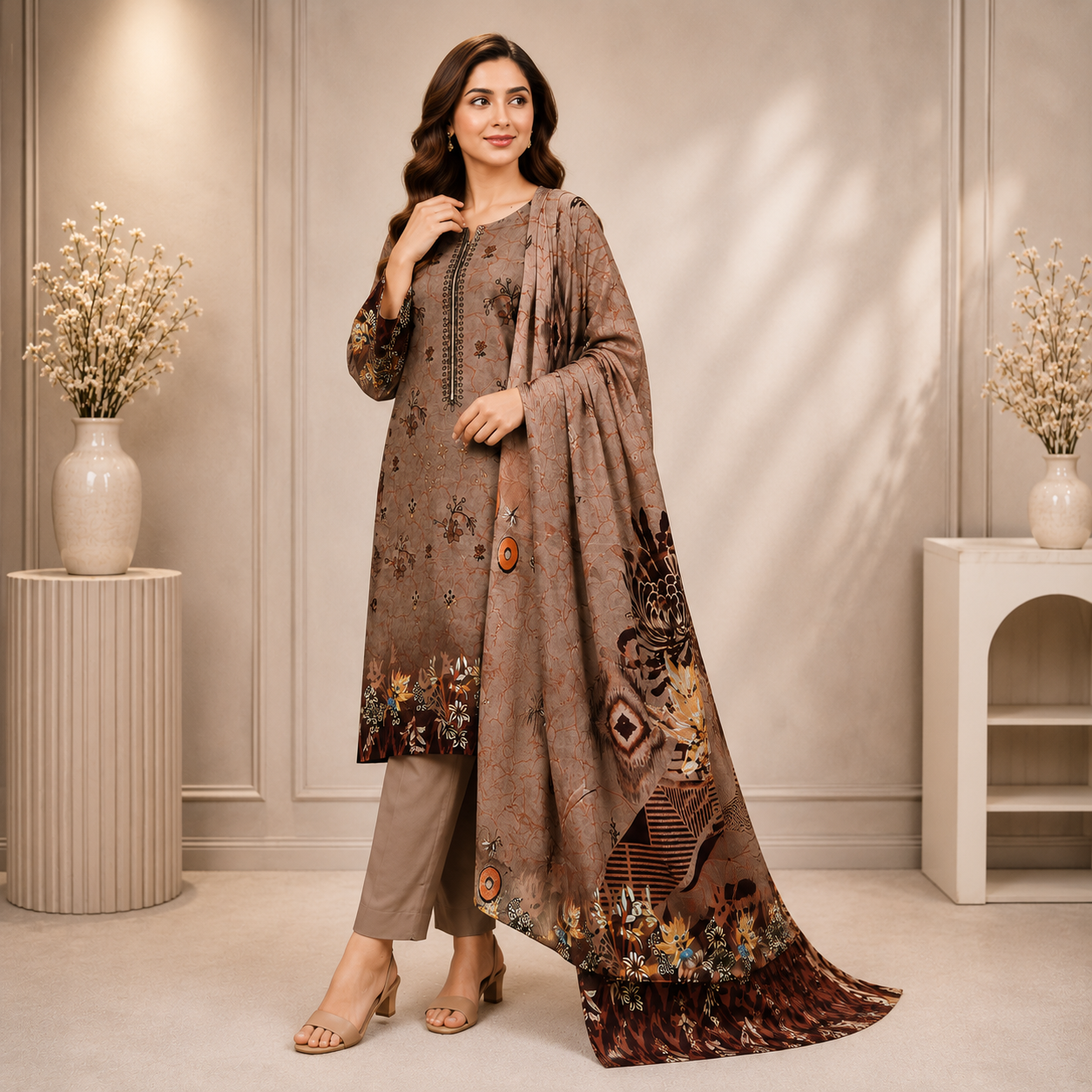 Taupe Brown Printed Unstitched 3-Piece Suit