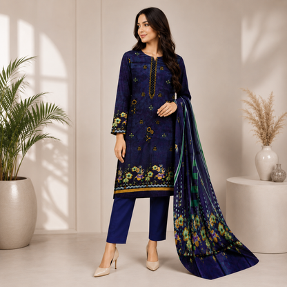 Navy Blue Printed Unstitched 3-Piece Suit