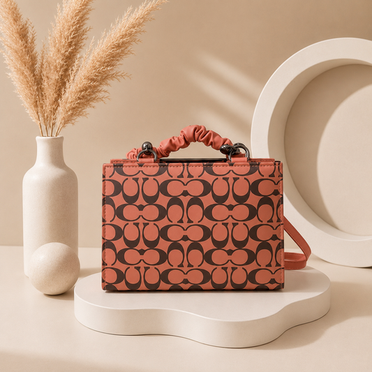 Elegant Structured Box Bag with Signature Pattern & Ruffled Handle - Coral Pink