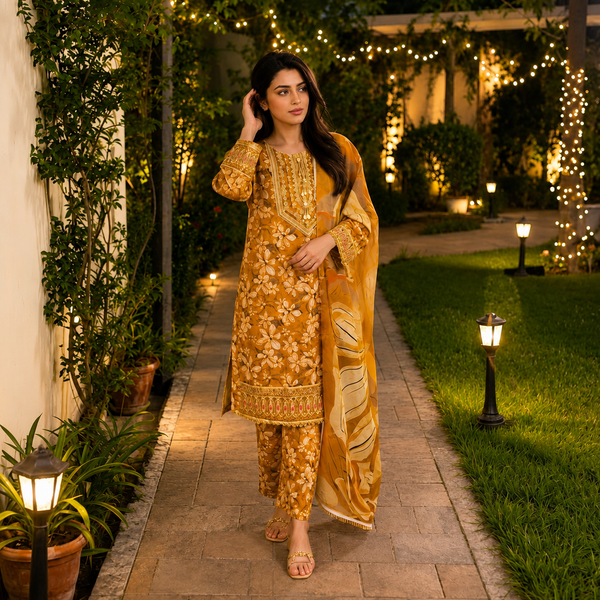 Embroidered Lawn-Cotton Floral Print 3-Piece Suit