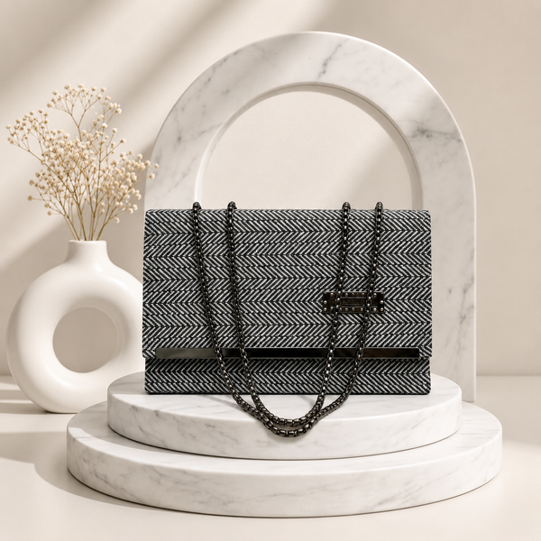 Elegant Herringbone Texture Chain Bag - Sophisticated Grey