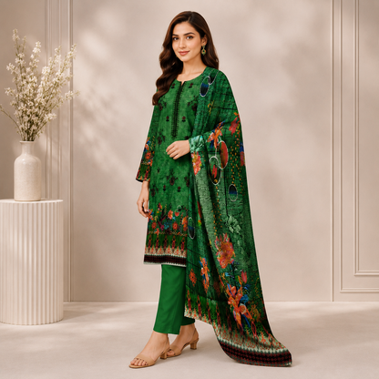 Emerald Green Printed Unstitched 3-Piece Suit