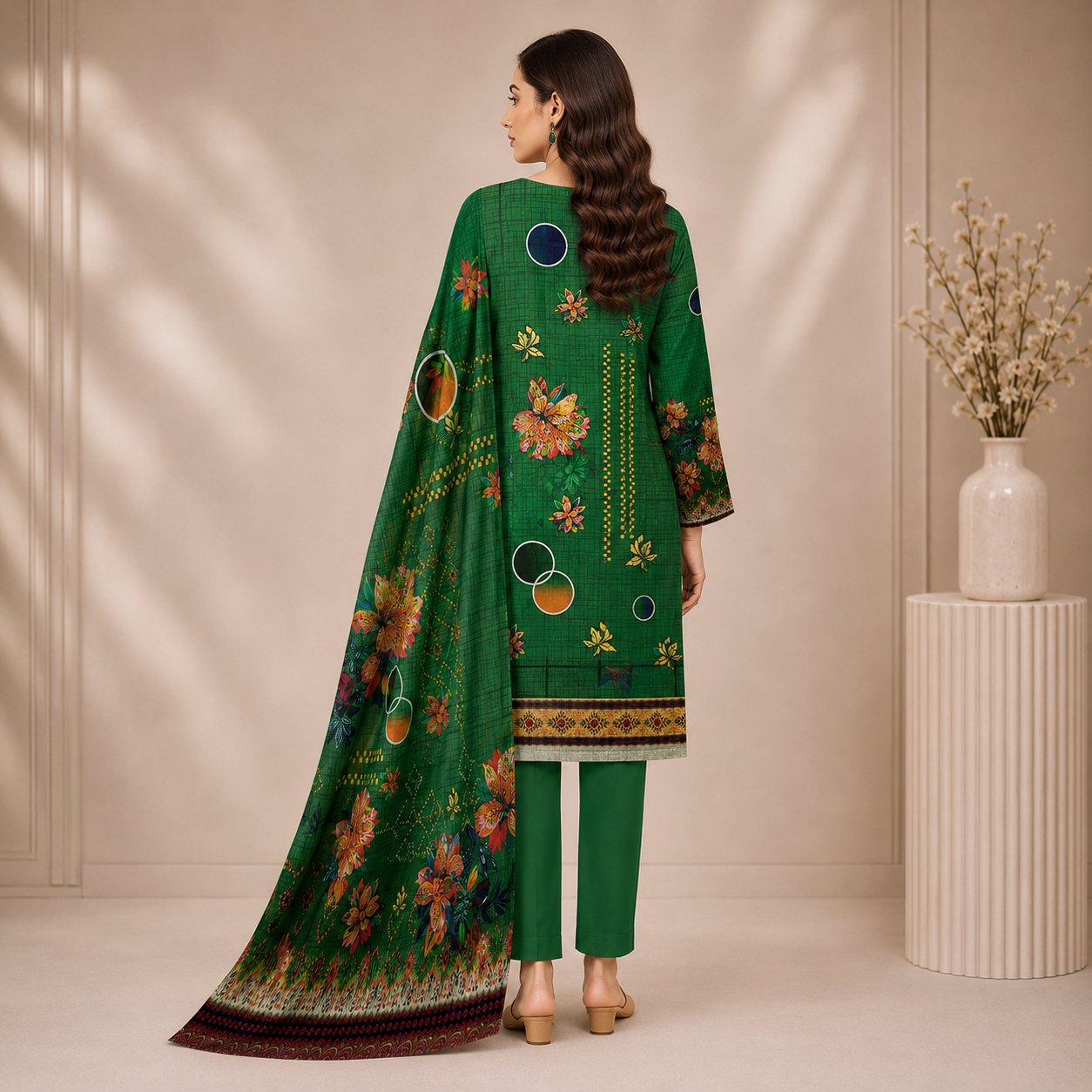 Emerald Green Printed Unstitched 3-Piece Suit