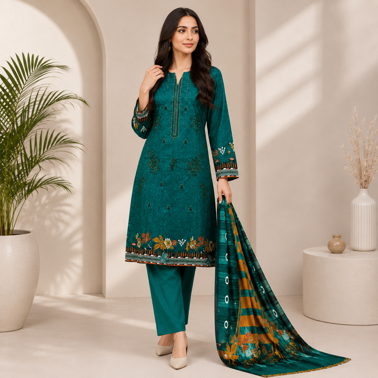Dark Teal Printed Unstitched 3-Piece Suit