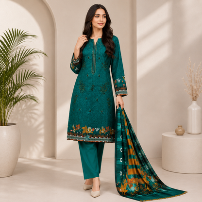 Dark Teal Printed Unstitched 3-Piece Suit