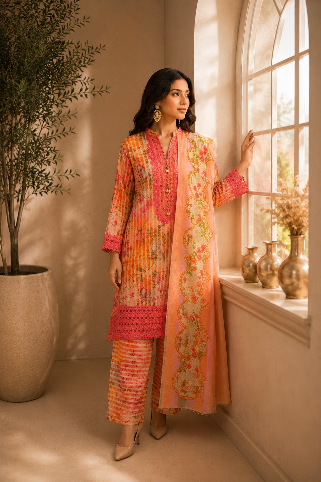 Embroidered Lawn-Cotton Floral Print 3-Piece Suit