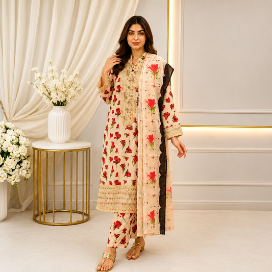 Embroidered Lawn-Cotton Floral Print 3-Piece Suit