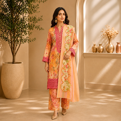 Embroidered Lawn-Cotton Floral Print 3-Piece Suit