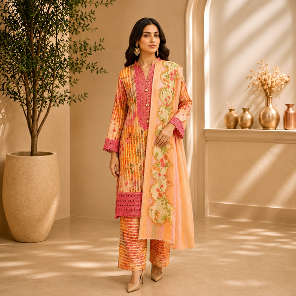 Embroidered Lawn-Cotton Floral Print 3-Piece Suit